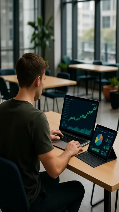 Un analista de datos realizando un backtest con IA, visualizando métricas como Sharpe, walk-forward y simulaciones de Monte Carlo antes de invertir capital.