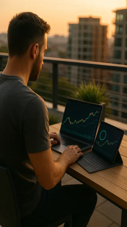 Un escudo digital protegiendo una cartera de ETFs de las caídas del mercado, simbolizando la cobertura de riesgo con opciones e IA.