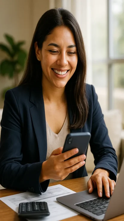 mujer verifica en un Dashboard financiero, mostrando tasa de ahorro y liquidez.