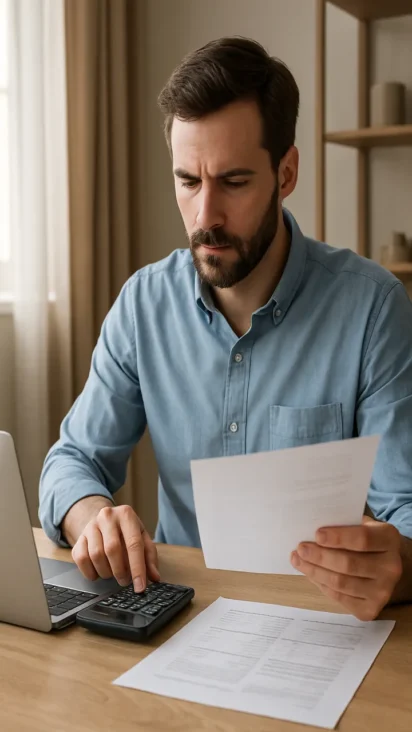 Hombre joven revisa un Calendario de pagos inteligentes en una pantalla holográfica, mostrando fechas, topes y alertas.