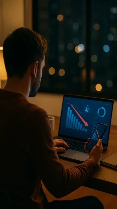 Un inversor principiante supervisando un sistema de trading automatizado con IA en su escritorio, enfocado en reglas y gestión de riesgo.