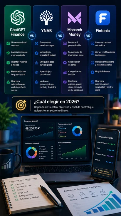 Comparativa de dashboards financieros: ChatGPT Finance, Fintonic, YNAB y Monarch Money en 2026