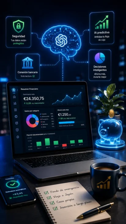 Un inversor usando ChatGPT en 2026 con un dashboard financiero integrado conectando bancos vía Plaid.