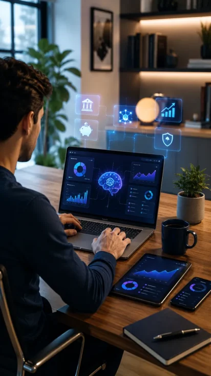 Un usuario sin conocimientos técnicos configurando flujos de automatización financiera con IA en una interfaz visual tipo drag-and-drop.