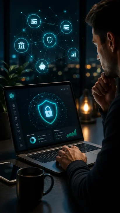 Usuario con un escudo digital protegiendo datos bancarios analizados por inteligencia artificial en 2026.