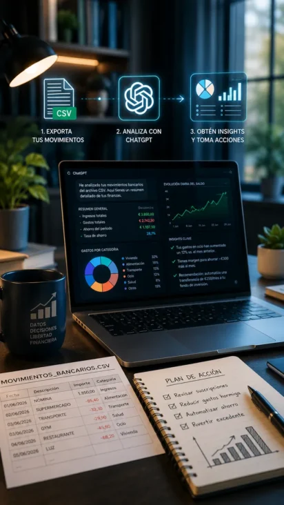 Se está exportando un archivo CSV bancario en su ordenador de forma segura para analizarlo con ChatGPT en 2026.